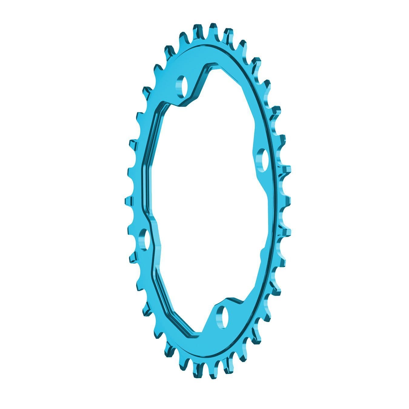 A oval shaped 34T CNC machined bicycle chainring to fit 104BCD cranks in a shiny anodised turquoise colour on its side showing the tooth profile.
