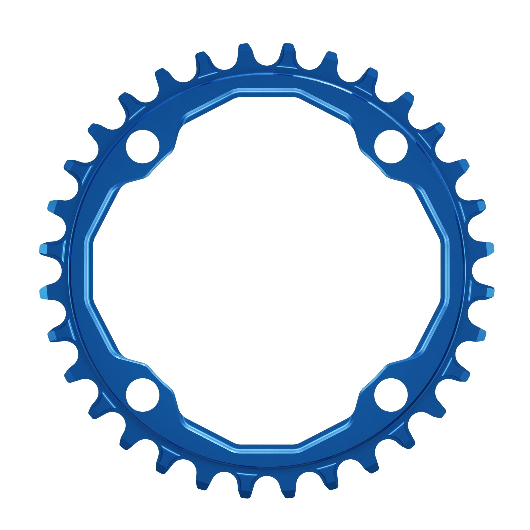 A round shaped CNC machined bicycle chainring to fit 104BCD cranks in a shiny anodised blue colour.