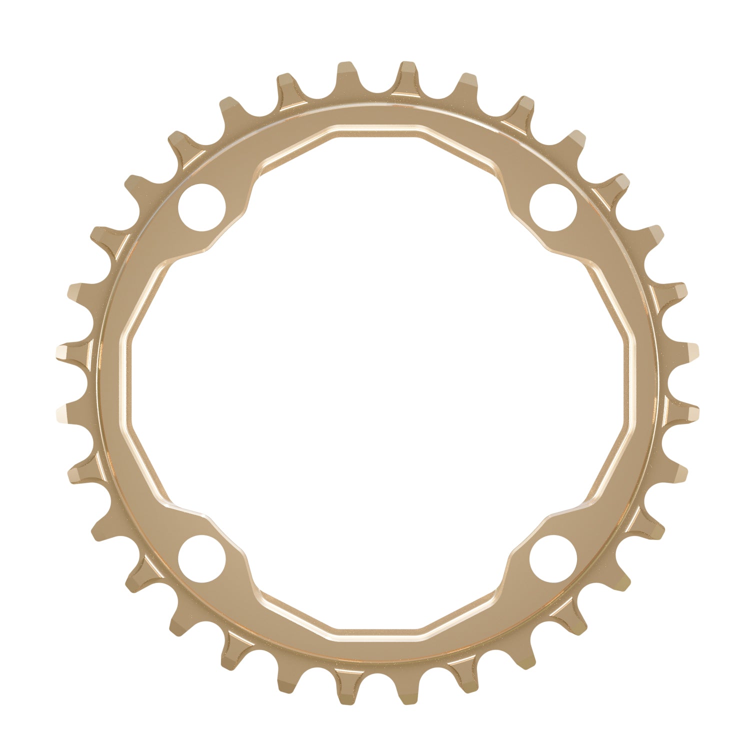 A round shaped CNC machined bicycle chainring to fit 104BCD cranks in a shiny anodised copper colour.