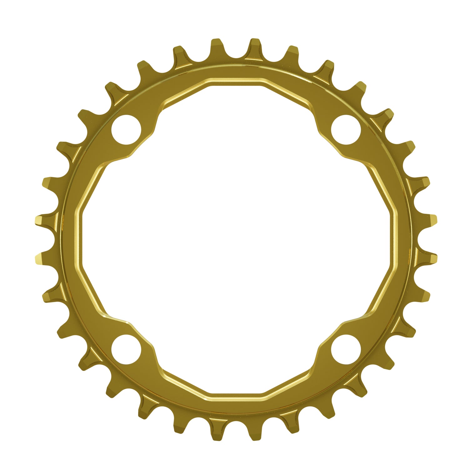 A round shaped CNC machined bicycle chainring to fit 104BCD cranks in a shiny anodised gold colour.