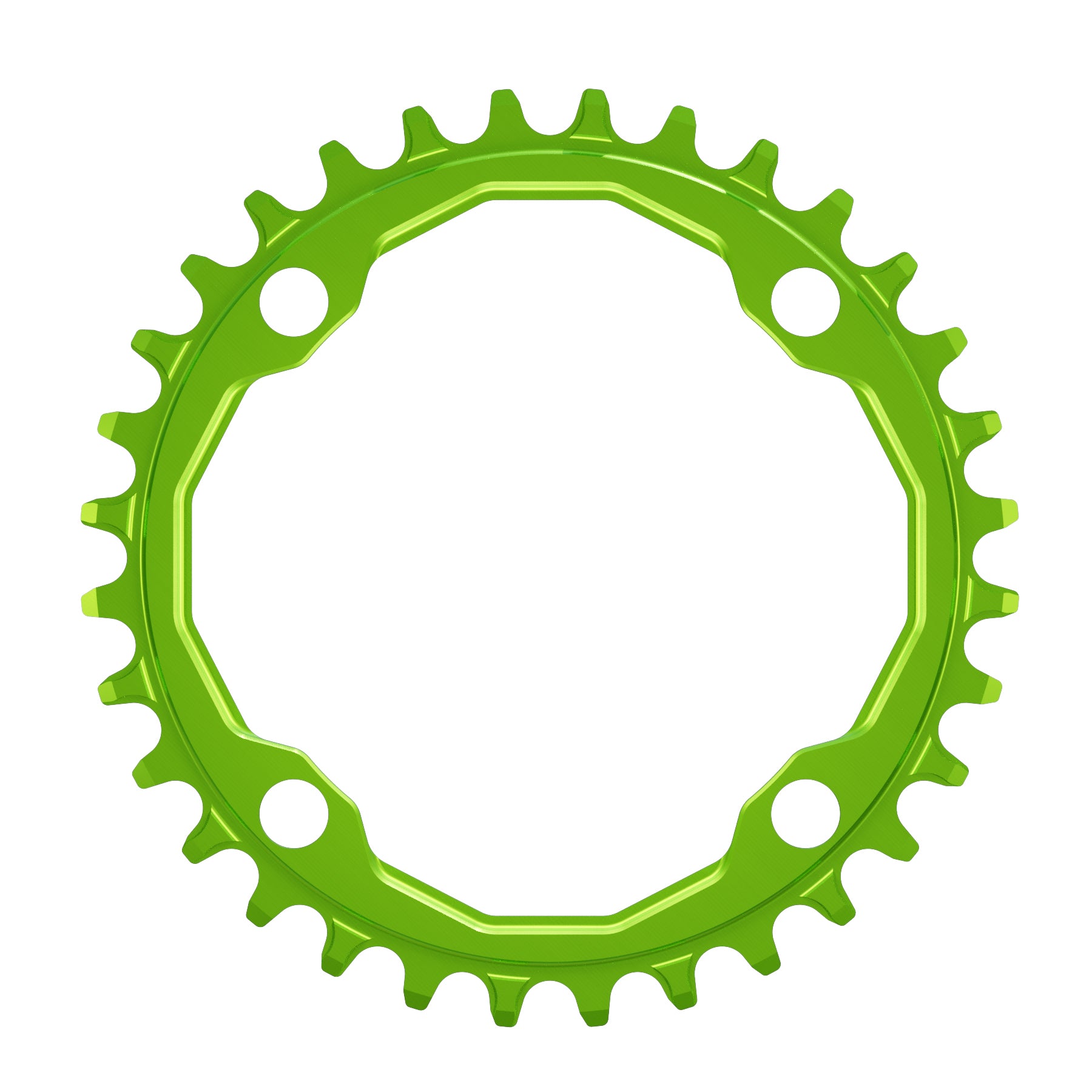A round shaped CNC machined bicycle chainring to fit 104BCD cranks in a shiny anodised green colour.