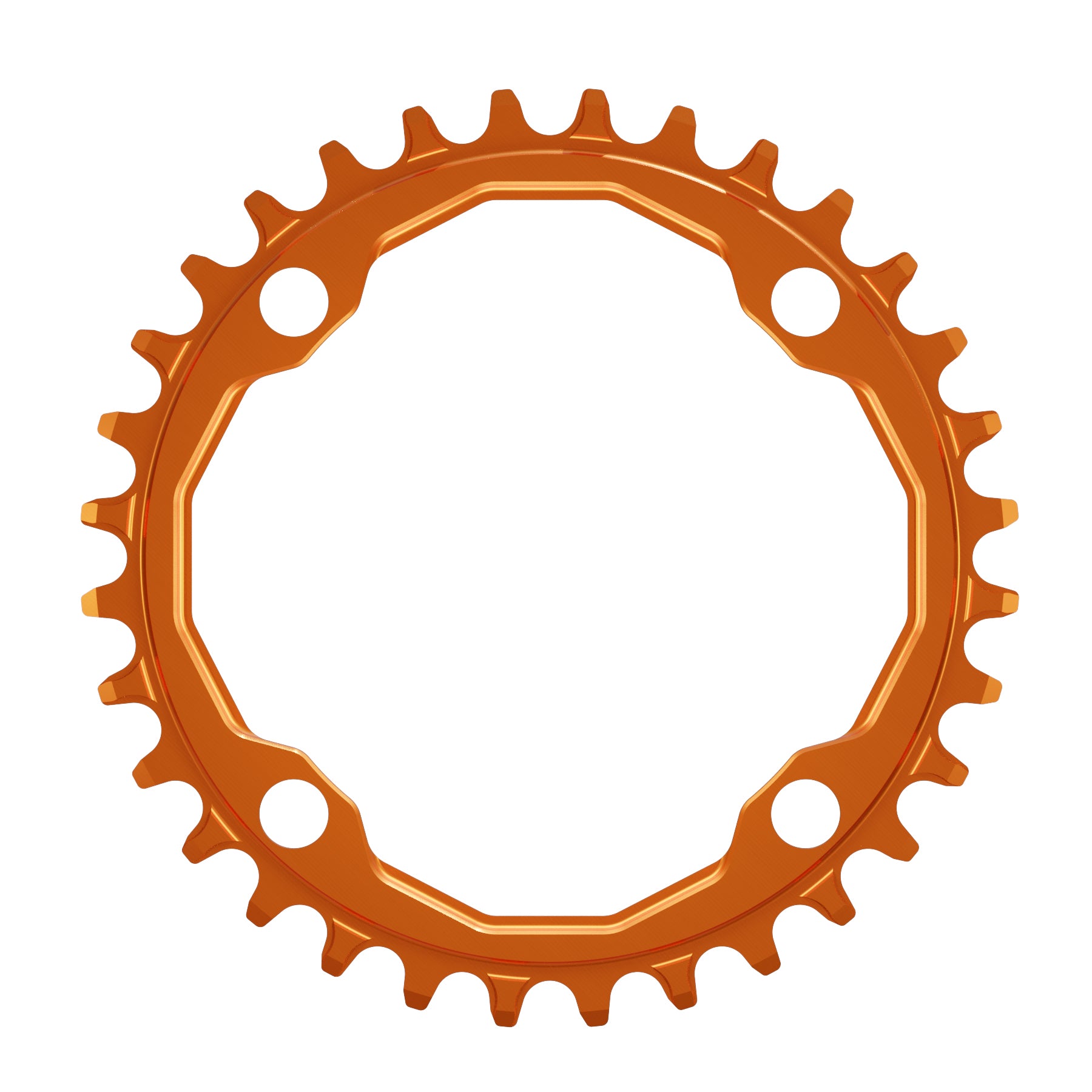 A round shaped CNC machined bicycle chainring to fit 104BCD cranks in a shiny anodised orange colour.