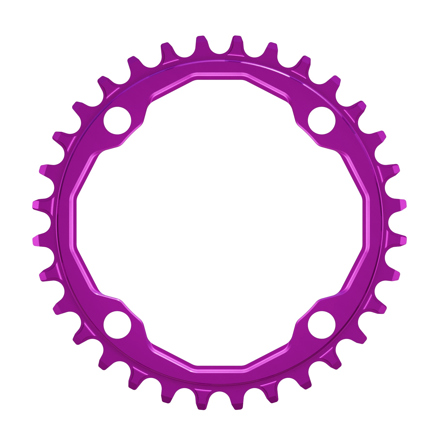 A round shaped CNC machined bicycle chainring to fit 104BCD cranks in a shiny anodised purple colour.