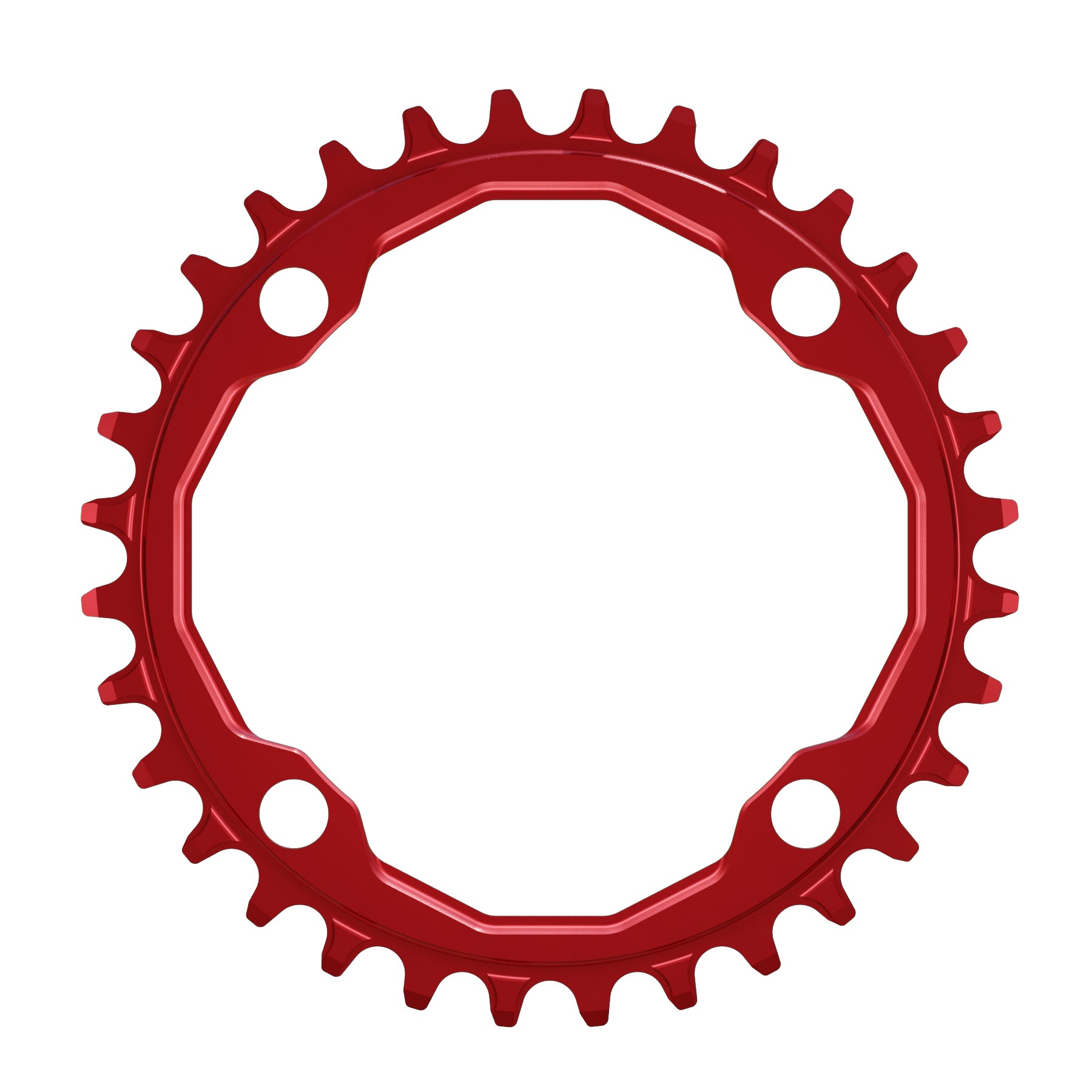 A round shaped CNC machined bicycle chainring to fit 104BCD cranks in a shiny anodised red colour.