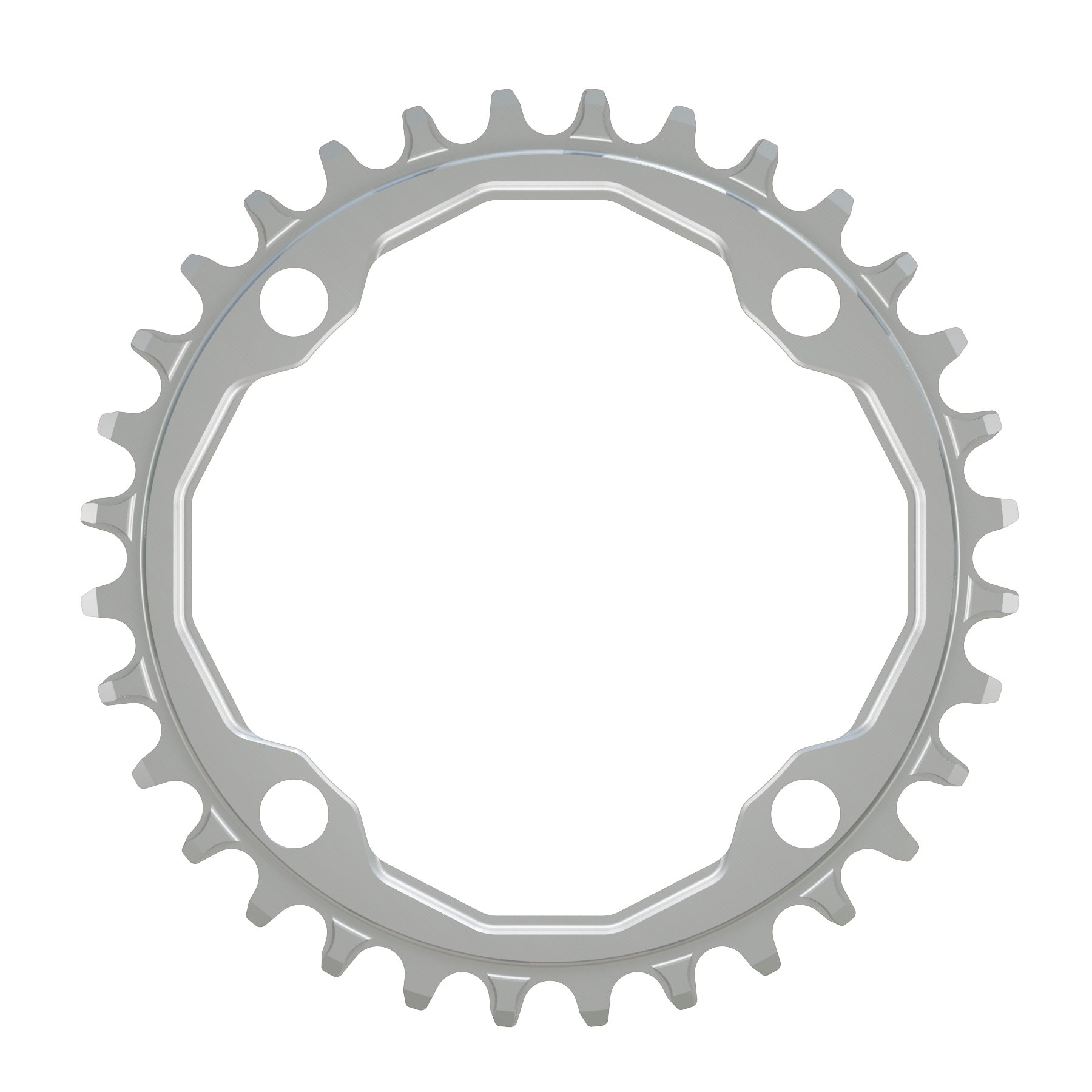 A round shaped CNC machined bicycle chainring to fit 104BCD cranks in a shiny anodised silver colour.
