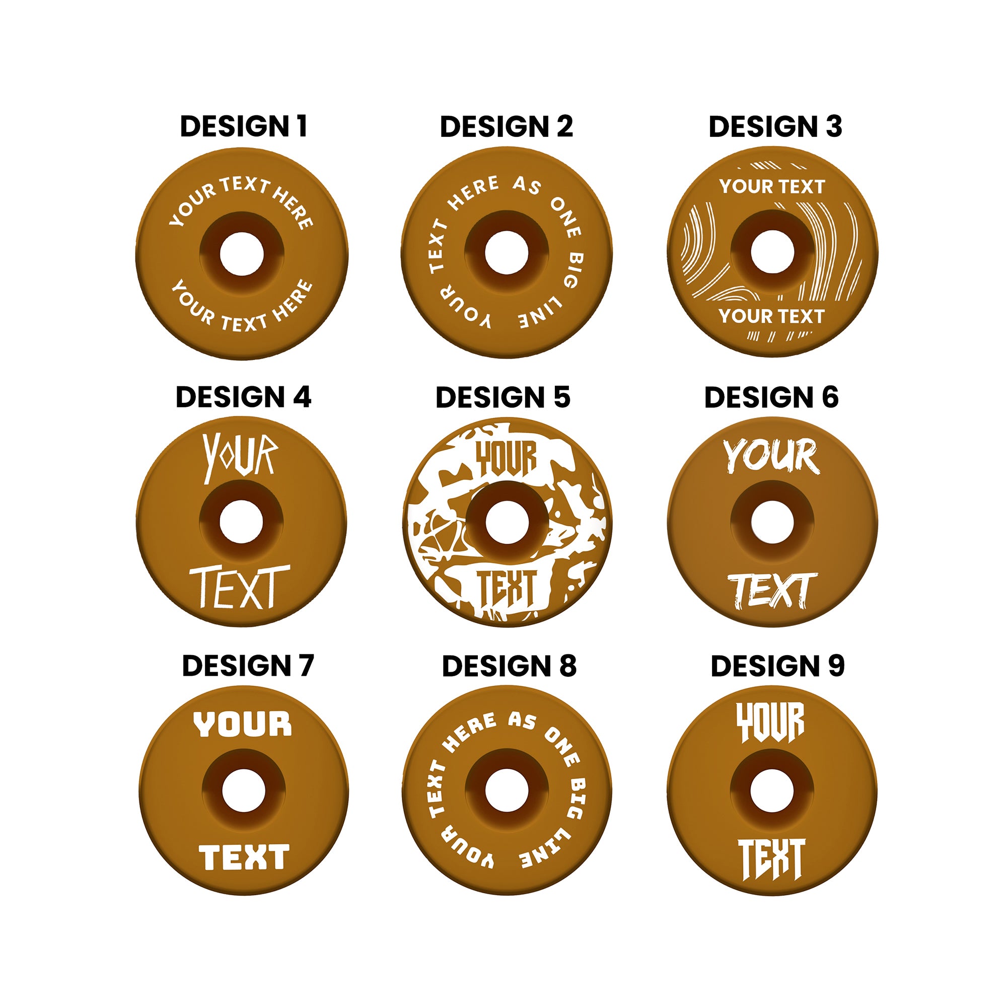 A headset top-cap in shiny anodised bronze with multiple different written designs