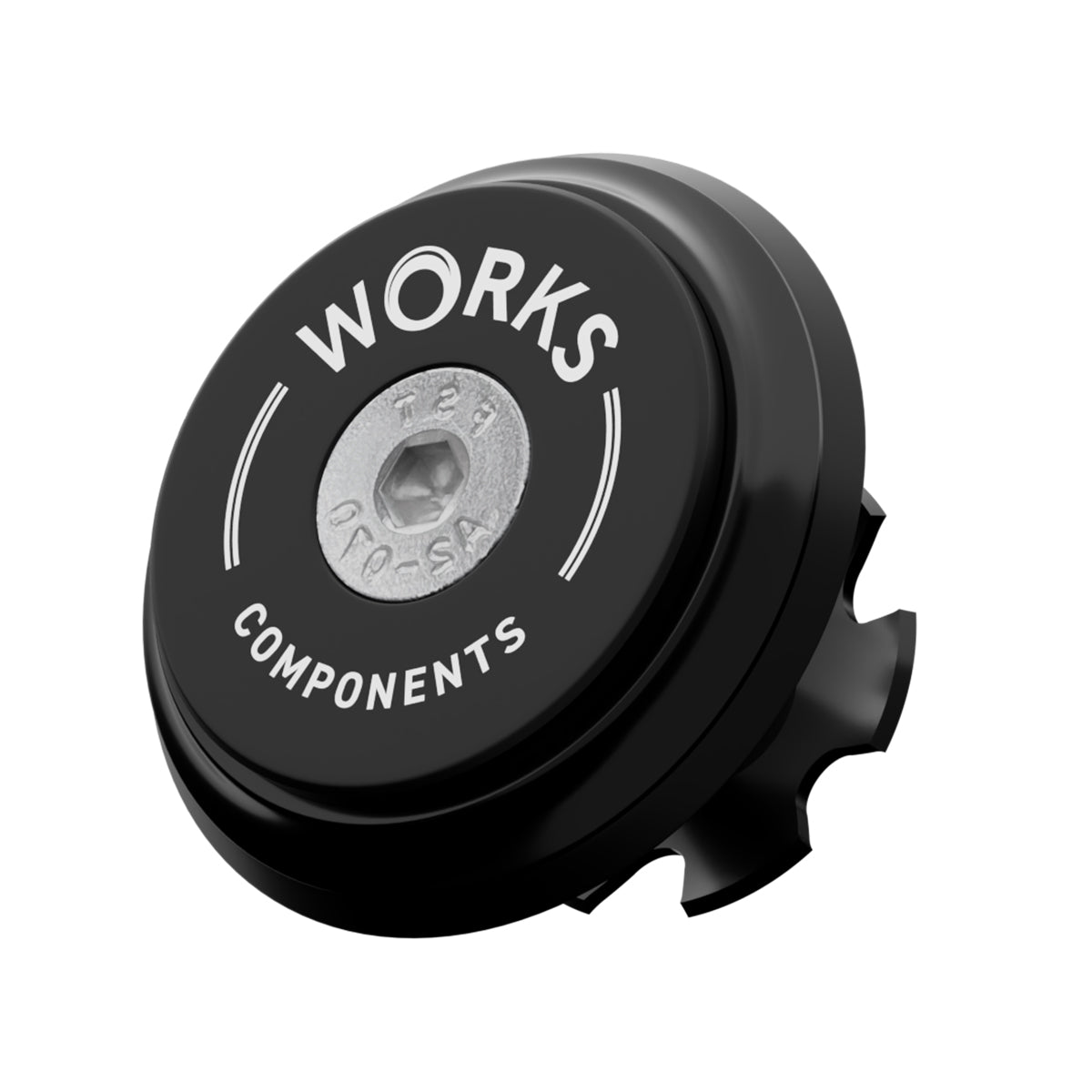 A upper bearing cover and Works Components branded top-cap in shiny anodised black with a black seal designed to work with all our angle and reach headsets.