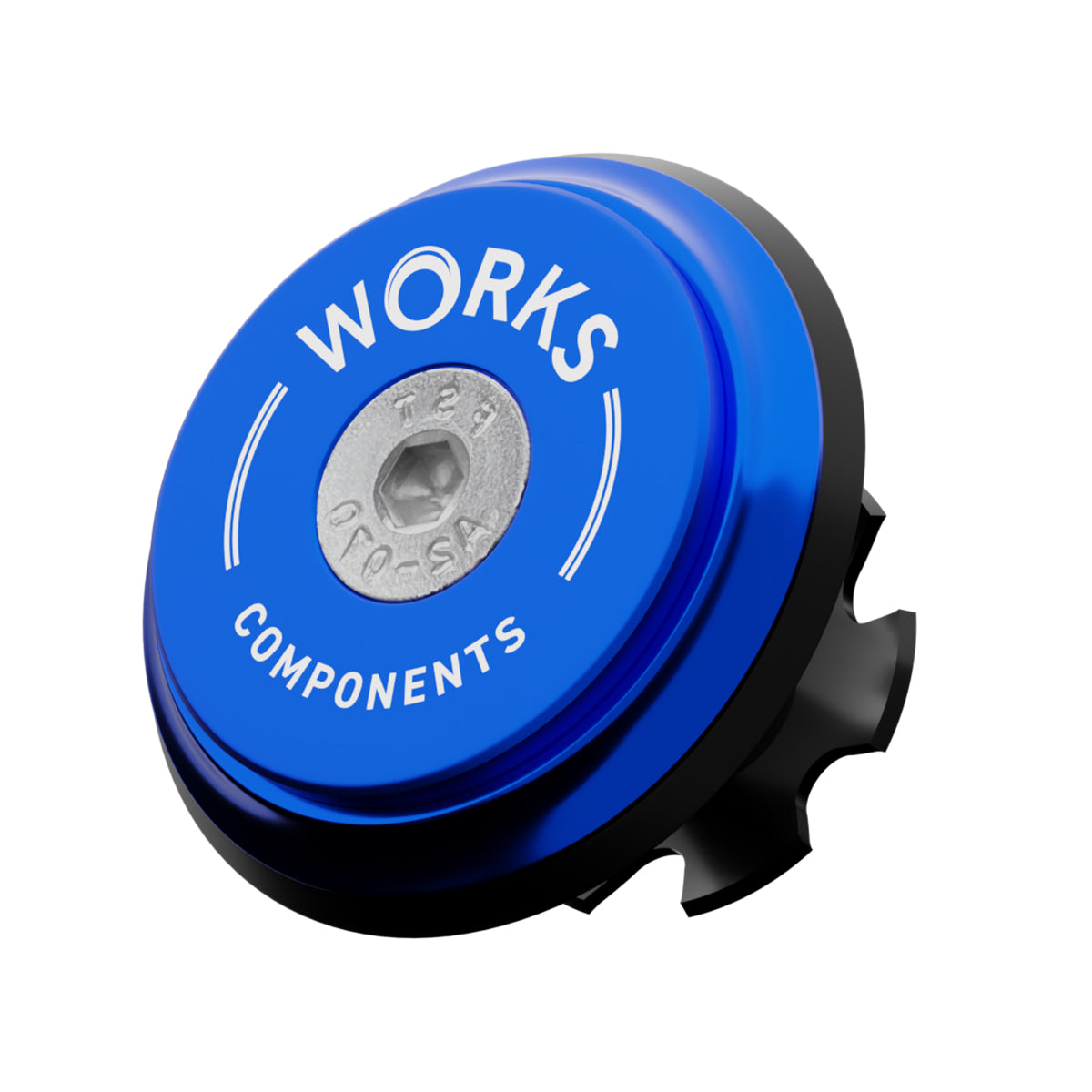 A upper bearing cover and Works Components branded top-cap in shiny anodised blue with a black seal designed to work with all our angle and reach headsets.