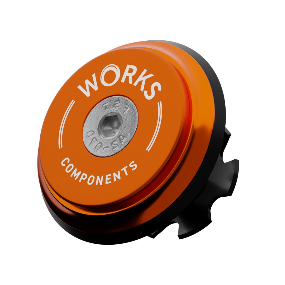 A upper bearing cover and Works Components branded top-cap in shiny anodised orange with a black seal designed to work with all our angle and reach headsets.