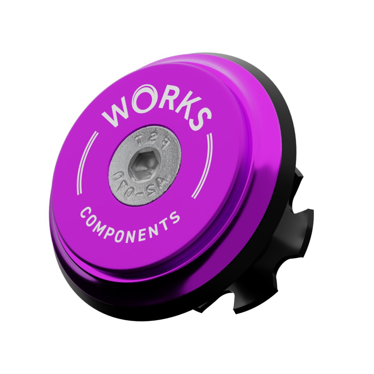 A upper bearing cover and Works Components branded top-cap in shiny anodised purple with a black seal designed to work with all our angle and reach headsets.