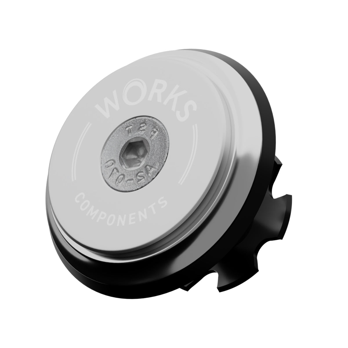 A upper bearing cover and Works Components branded top-cap in shiny anodised silver with a black seal designed to work with all our angle and reach headsets.