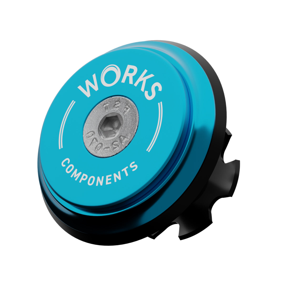 A upper bearing cover and Works Components branded top-cap in shiny anodised turquoise with a black seal designed to work with all our angle and reach headsets.