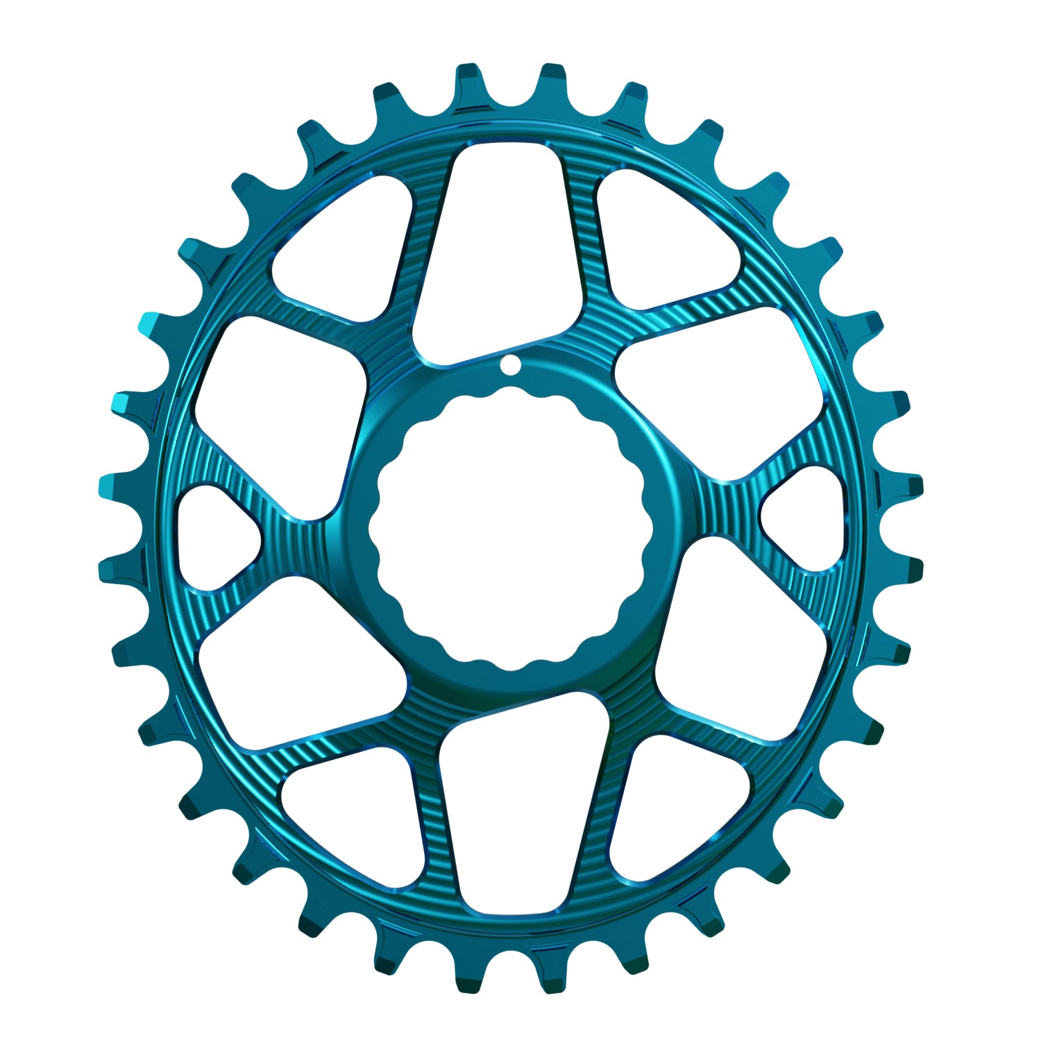 Turquoise Raceface Cinch Narrow Wide Chainring with 3mm boost offset designed for direct mount on a bicycle crankset.