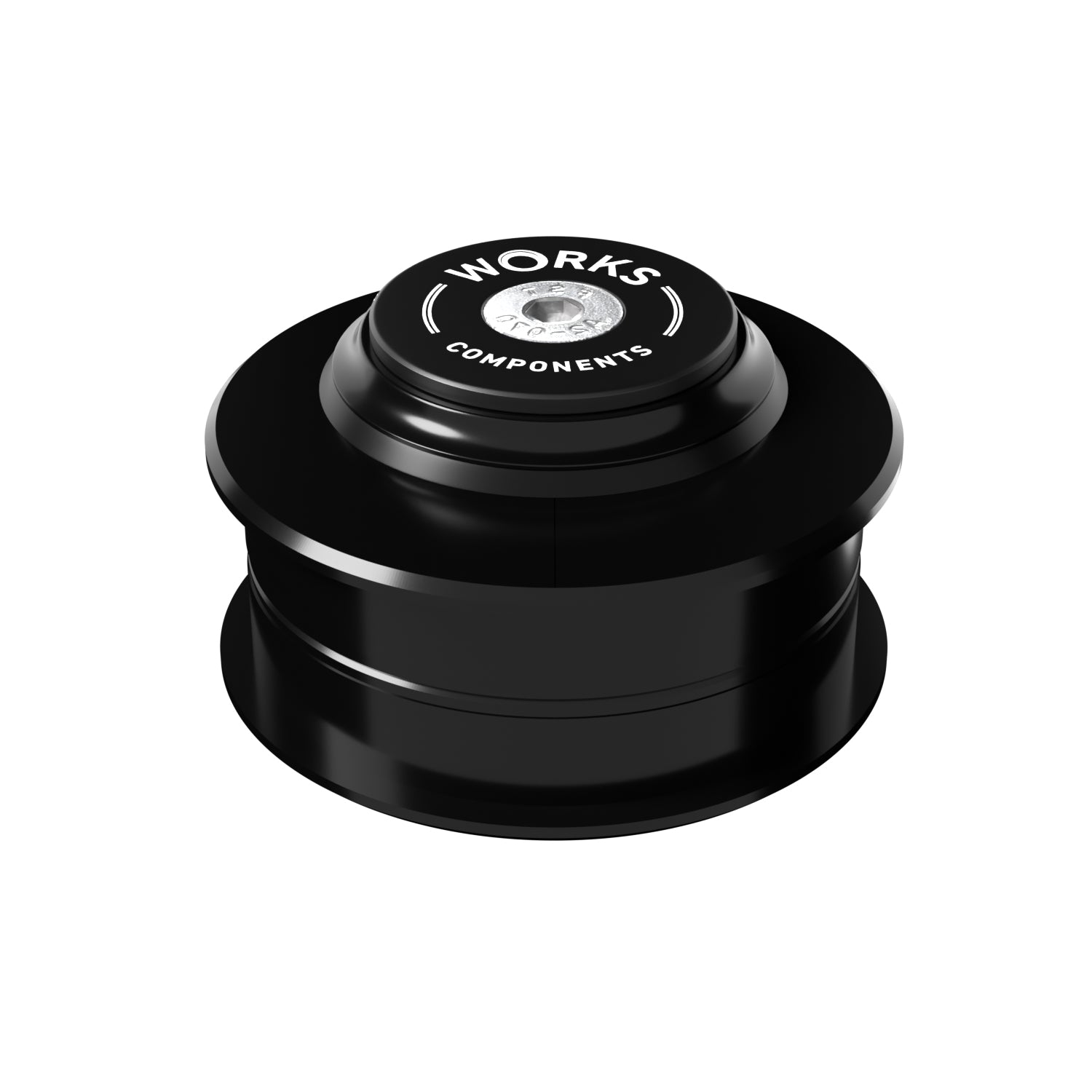 A ZS56 upper headcup above a ZS56 lower headcup showing a 3mm offset in shiny anodised black with a Works Components branded top-cap.