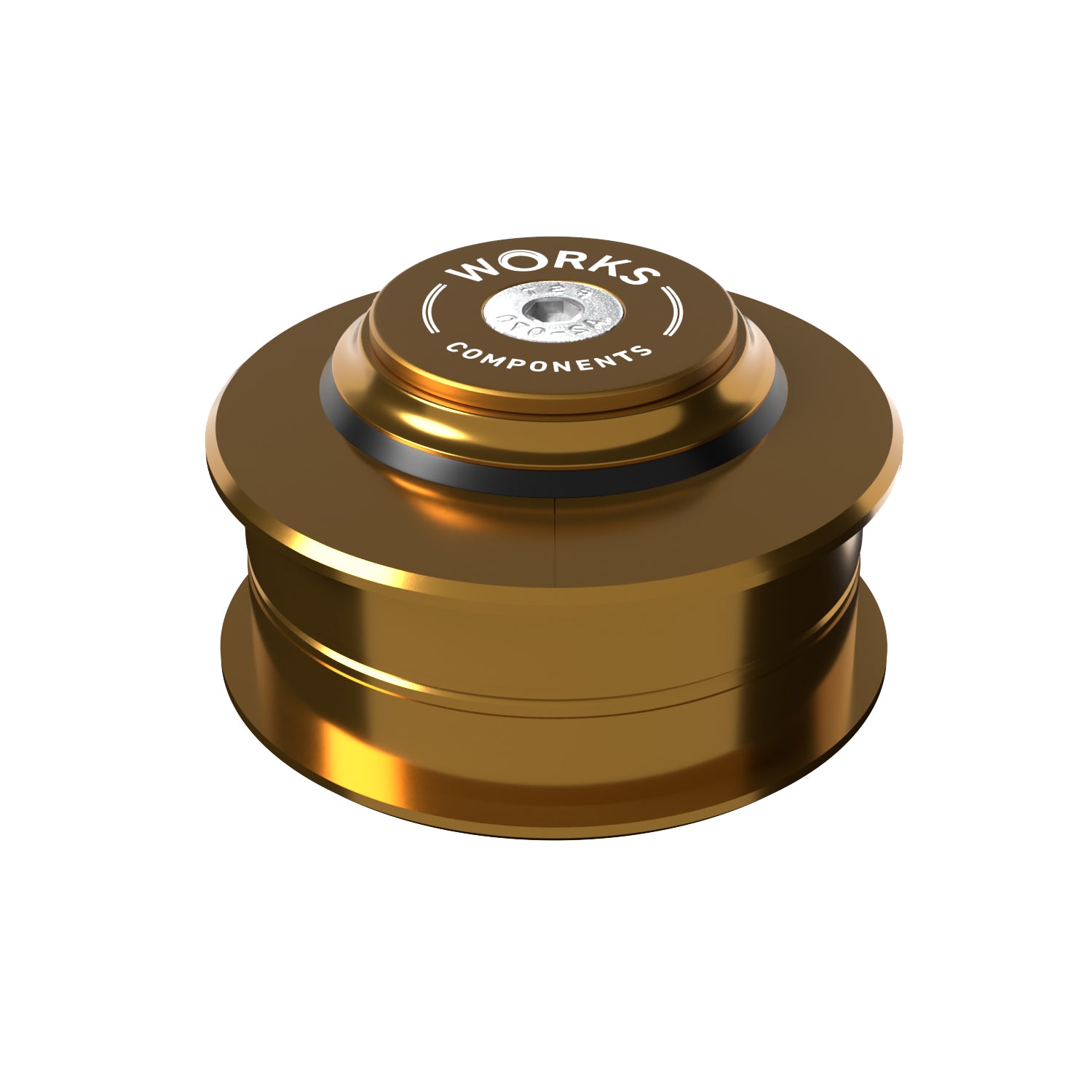 A ZS56 upper headcup above a ZS56 lower headcup showing a 3mm offset in shiny anodised bronze with a Works Components branded top-cap.