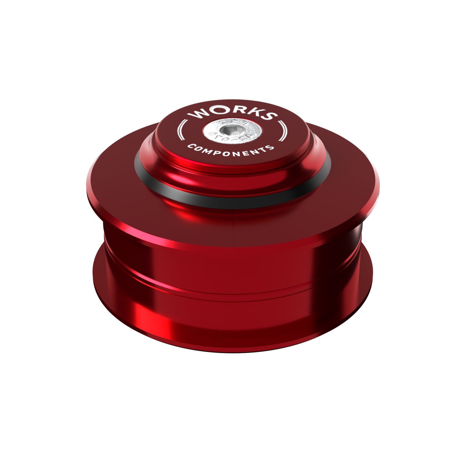 A ZS56 upper headcup above a ZS56 lower headcup showing a 3mm offset in shiny anodised red with a Works Components branded top-cap.