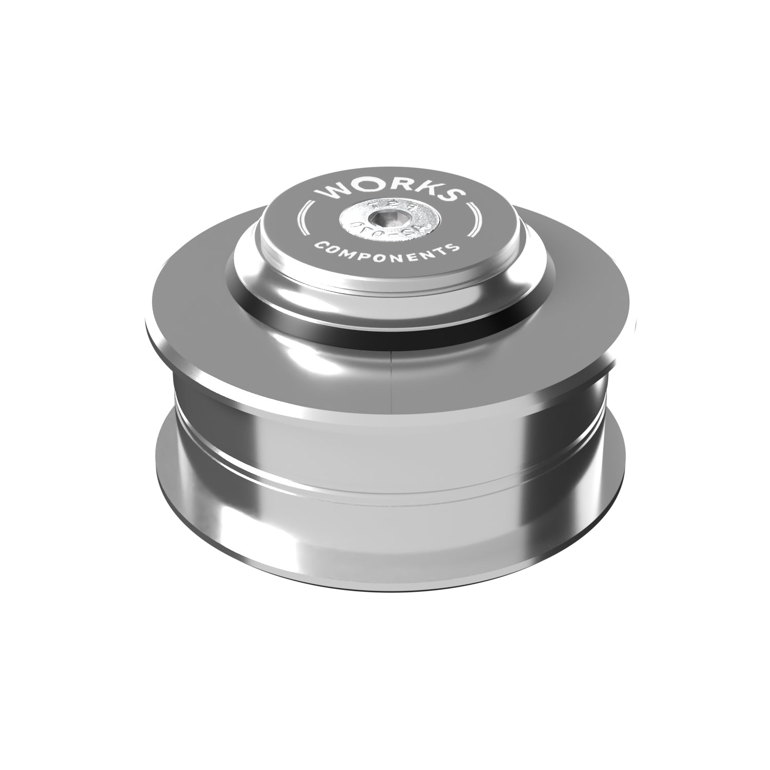 A ZS56 upper headcup above a ZS56 lower headcup showing a 3mm offset in shiny anodised silver with a Works Components branded top-cap.