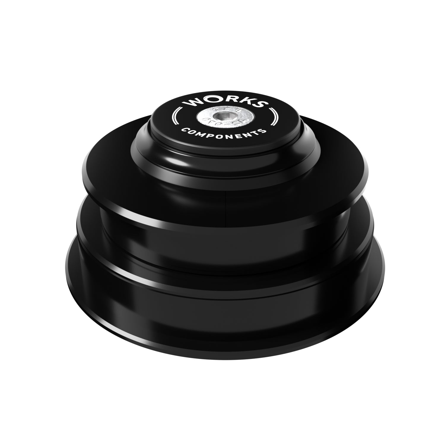 A ZS56 upper headcup above a ZS66 lower headcup showing a 5mm offset in shiny anodised black with a Works Components branded top-cap.