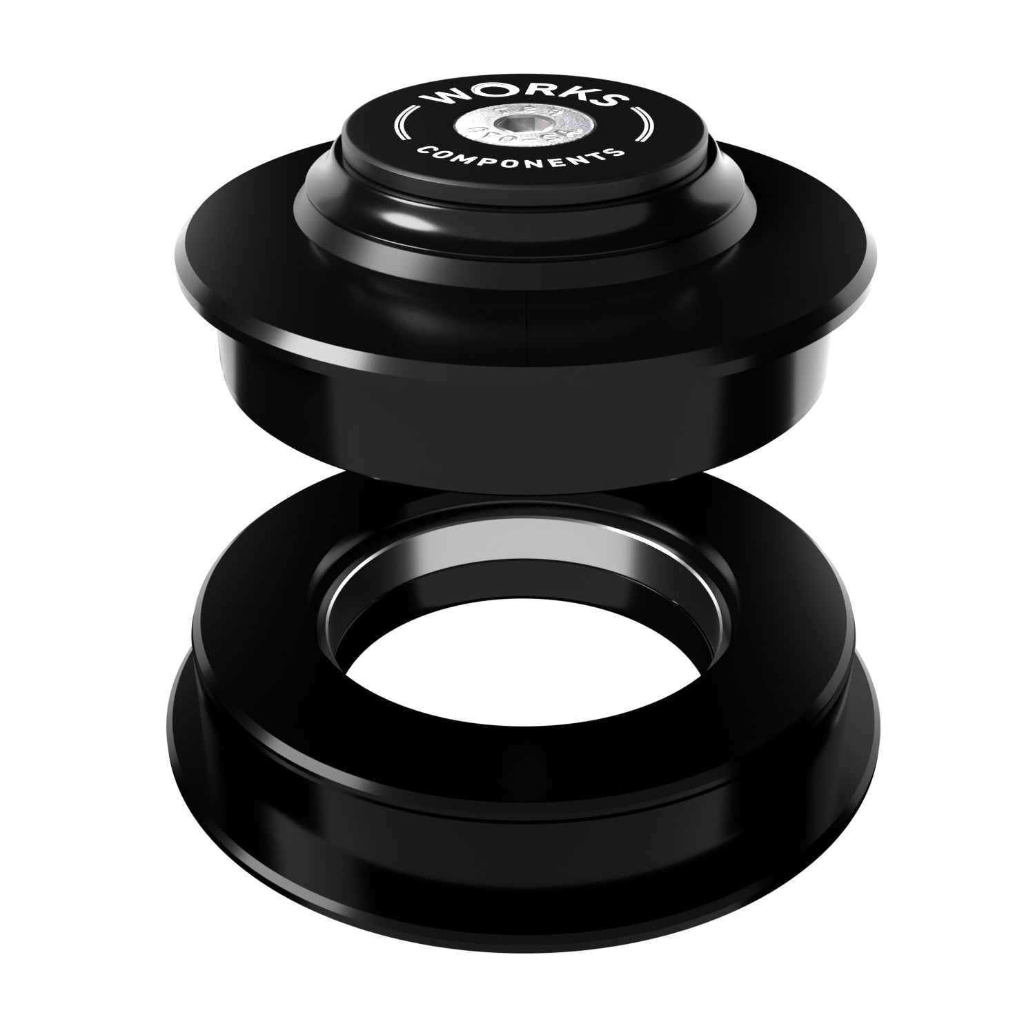 A ZS56 upper headcup separated and above a ZS66 lower headcup showing a 5mm offset in shiny anodised black with a Works Components branded top-cap.