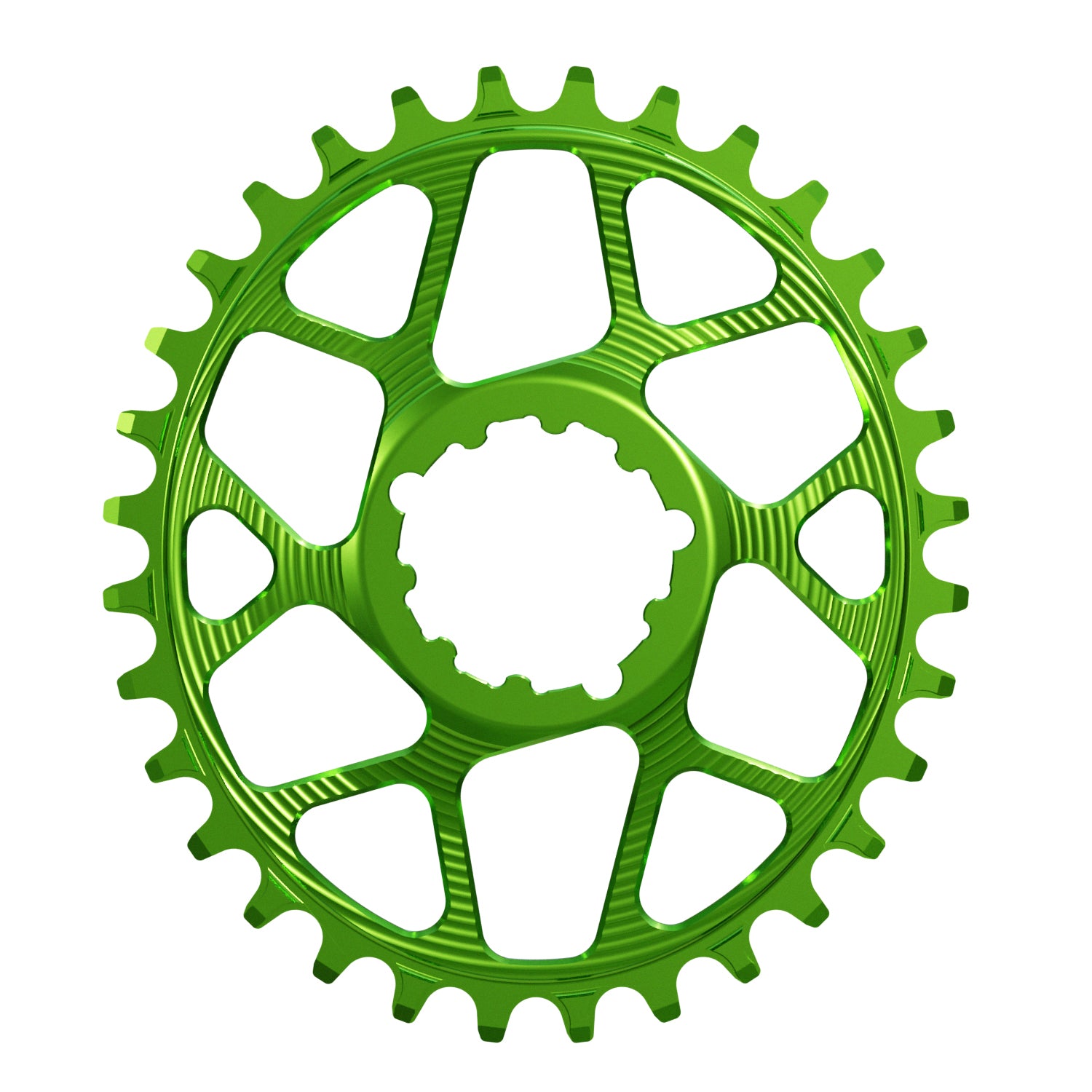 Green Oval Works Components Narrow Wide Chainring to fit SRAM with a 3mm Offset.