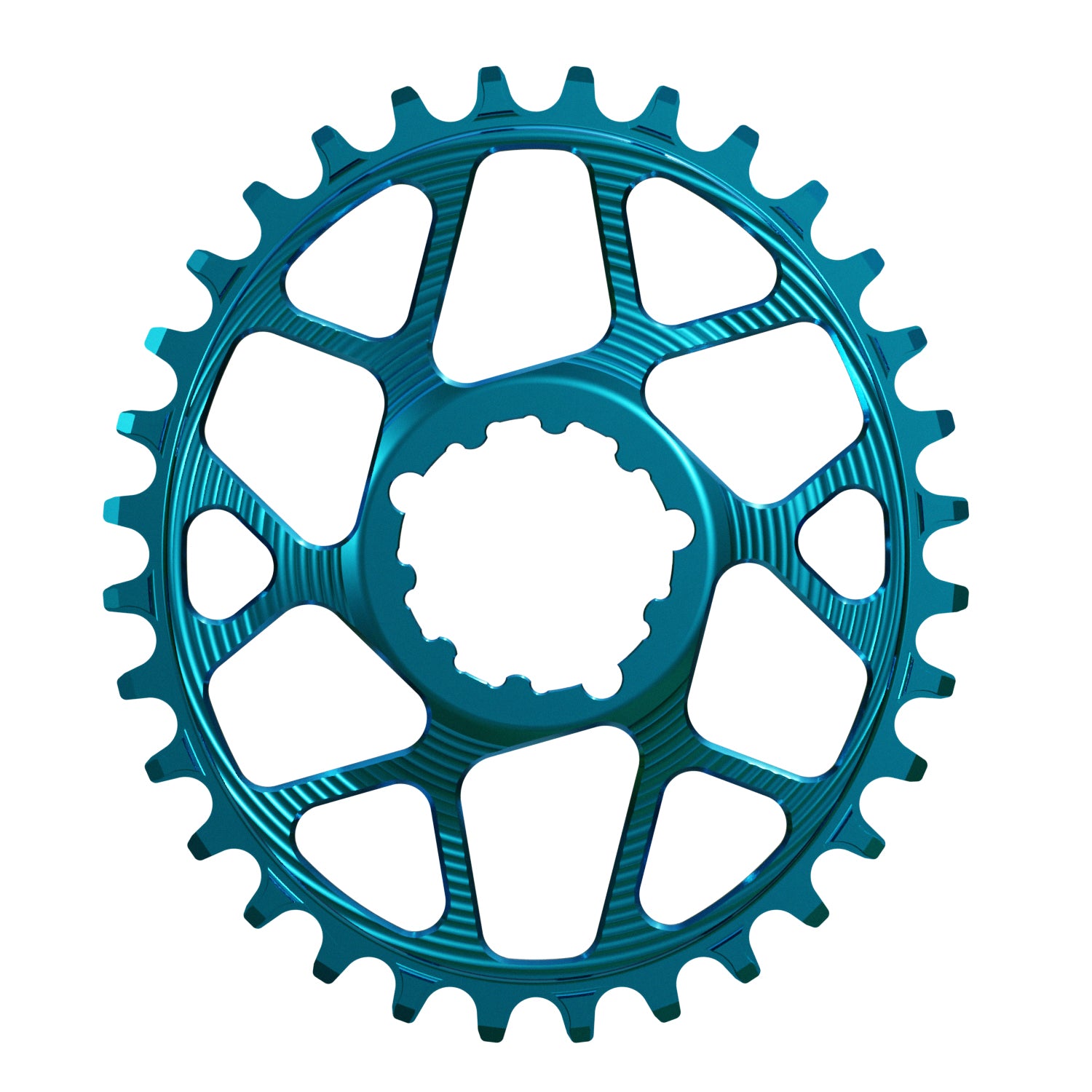 Turquoise Oval Works Components Narrow Wide Chainring to fit SRAM with a 3mm Offset.
