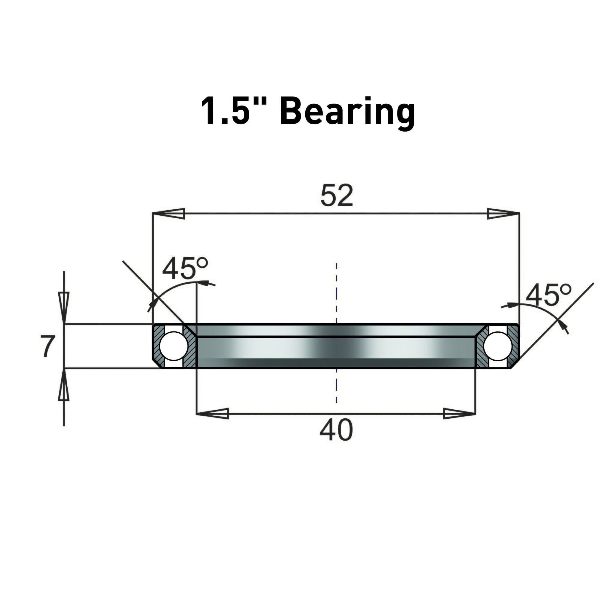 Dimensions of 1.5" Bearing - 45 Degree chamfer - 7mm in height - 52mm diameter.