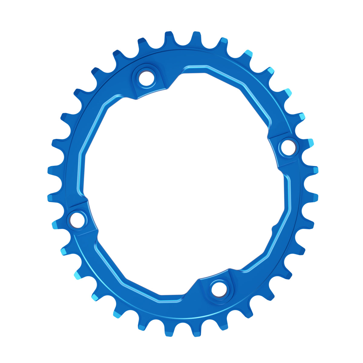 A oval shaped 32T CNC machined bicycle chainring to fit 104BCD cranks in a shiny anodised blue colour.