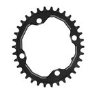 A oval shaped 34T CNC machined bicycle chainring to fit 104BCD cranks in a shiny anodised black colour.