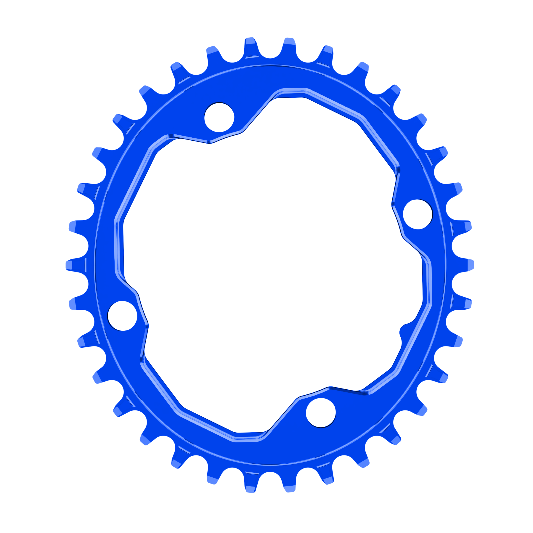 A oval shaped 34T CNC machined bicycle chainring to fit 104BCD cranks in a shiny anodised blue colour.