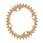 A oval shaped 34T CNC machined bicycle chainring to fit 104BCD cranks in a shiny anodised copper colour.