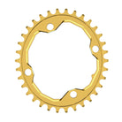 A oval shaped 34T CNC machined bicycle chainring to fit 104BCD cranks in a shiny anodised gold colour.