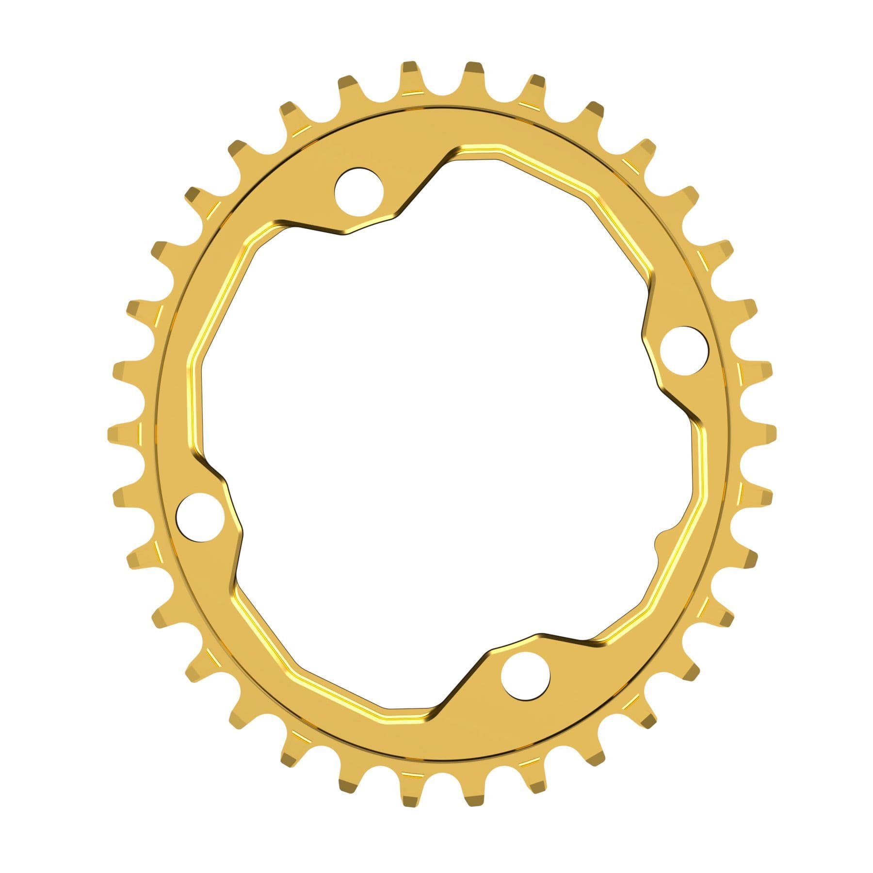 A oval shaped 34T CNC machined bicycle chainring to fit 104BCD cranks in a shiny anodised gold colour.