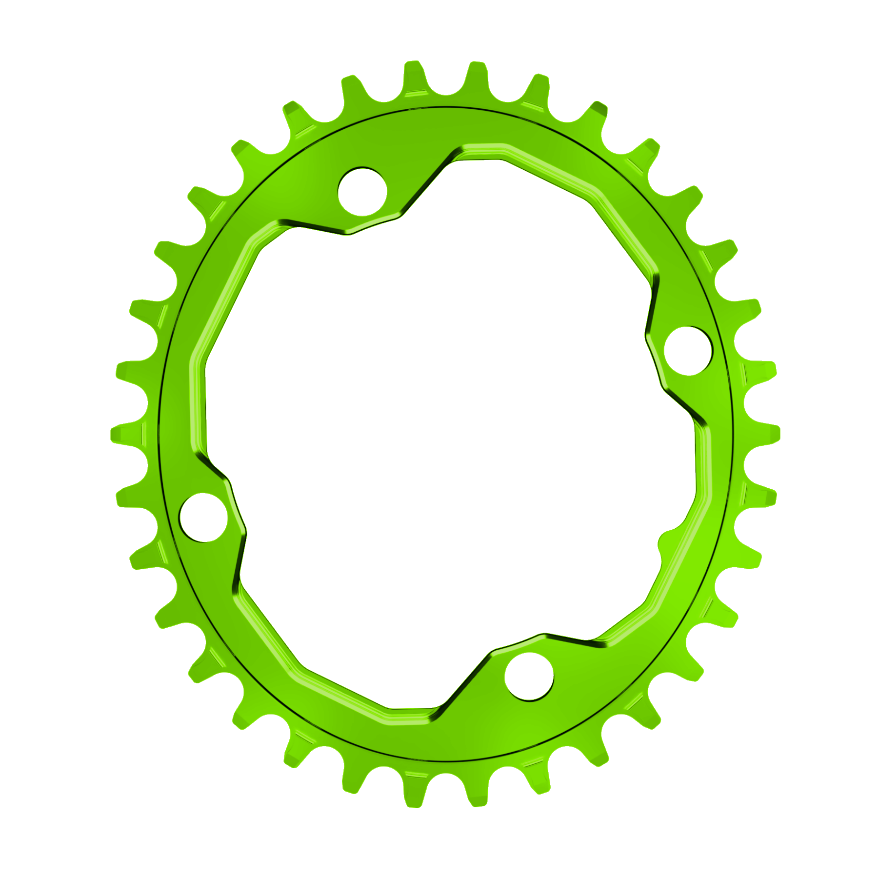 A oval shaped 34T CNC machined bicycle chainring to fit 104BCD cranks in a shiny anodised green colour.