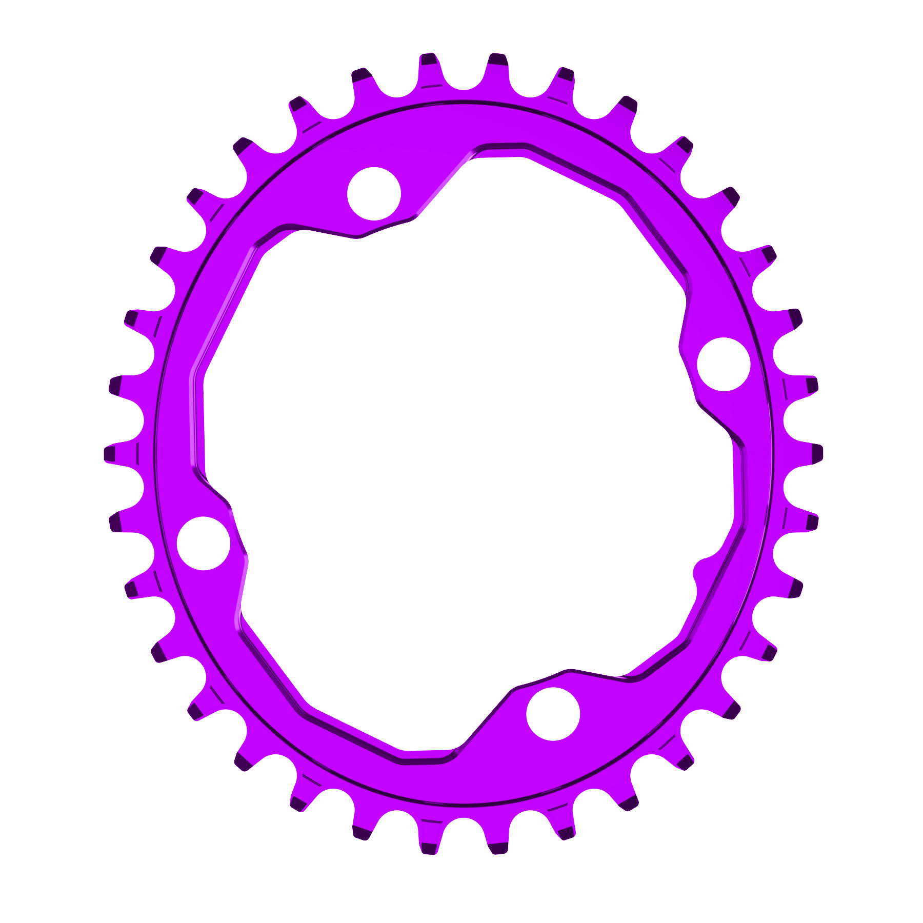 A oval shaped 34T CNC machined bicycle chainring to fit 104BCD cranks in a shiny anodised purple colour.