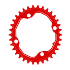 A oval shaped 34T CNC machined bicycle chainring to fit 104BCD cranks in a shiny anodised red colour.