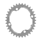 A oval shaped 34T CNC machined bicycle chainring to fit 104BCD cranks in a shiny anodised silver colour.