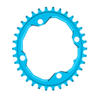 A oval shaped 34T CNC machined bicycle chainring to fit 104BCD cranks in a shiny anodised turquoise colour.