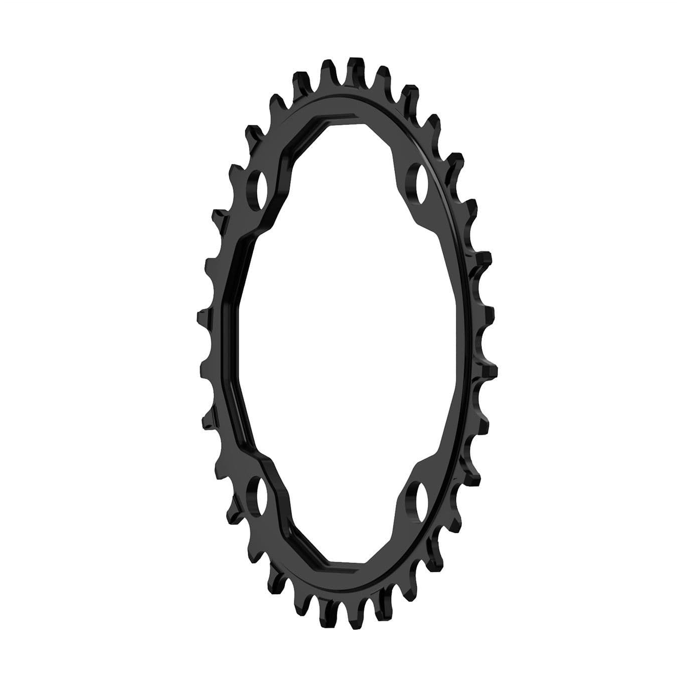 A round shaped CNC machined bicycle chainring to fit 104BCD cranks in a shiny anodised black colour on its side showing the tooth profile.