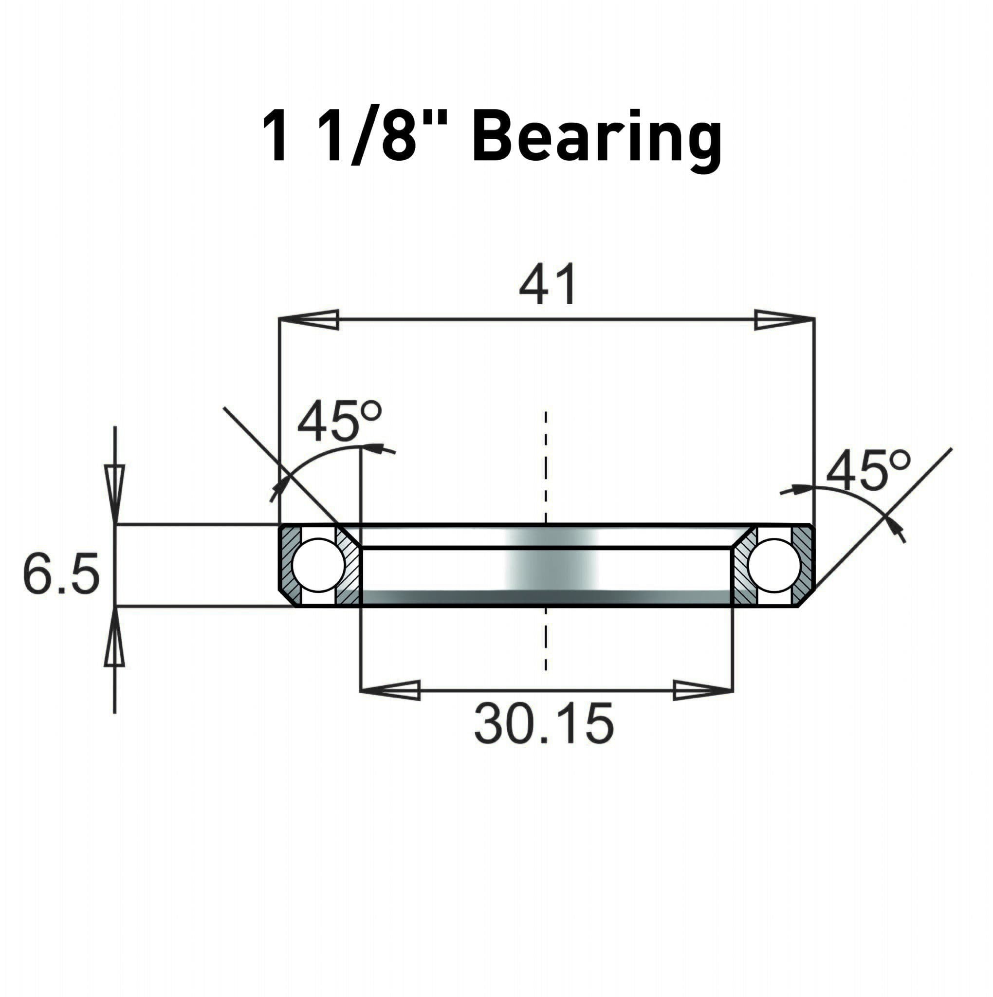 Dimensions of 1 1/8" Bearings - 45 Degree chamfer - 6.5mm in height - 41mm diameter.