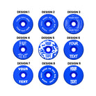 A headset top-cap in shiny anodised blue with multiple different written designs