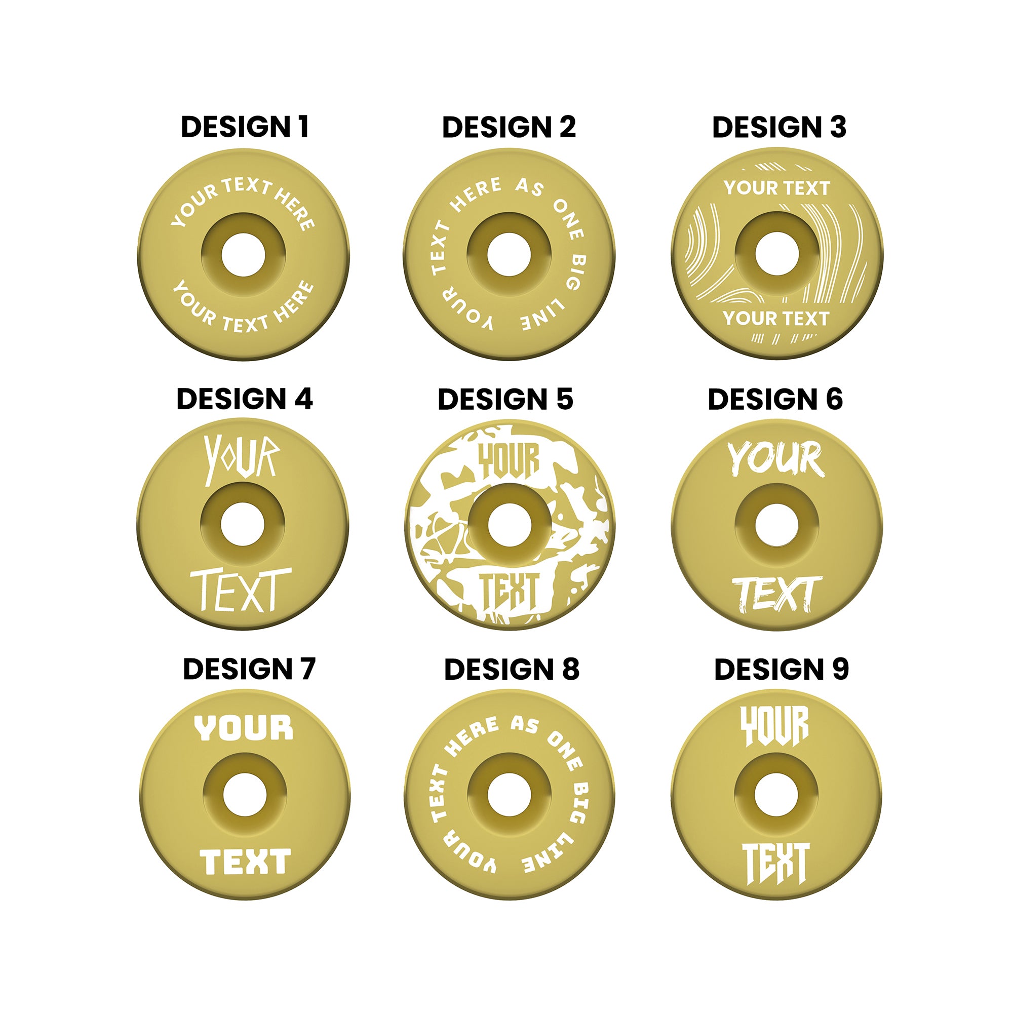 A headset top-cap in shiny anodised gold with multiple different written designs