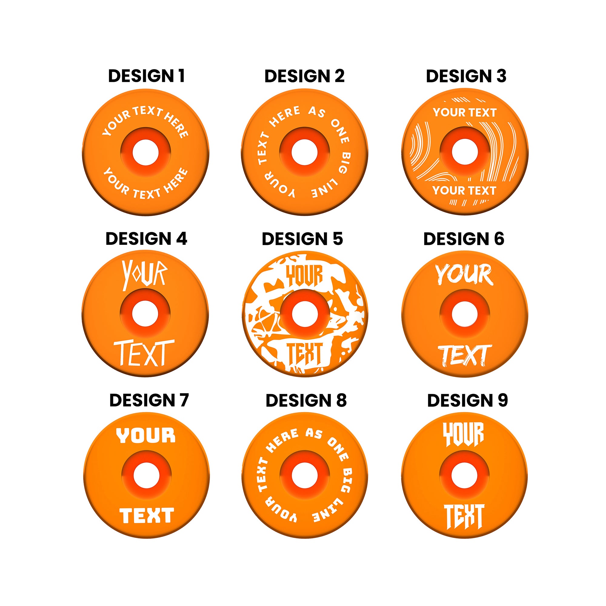 A headset top-cap in shiny anodised orange with multiple different written designs