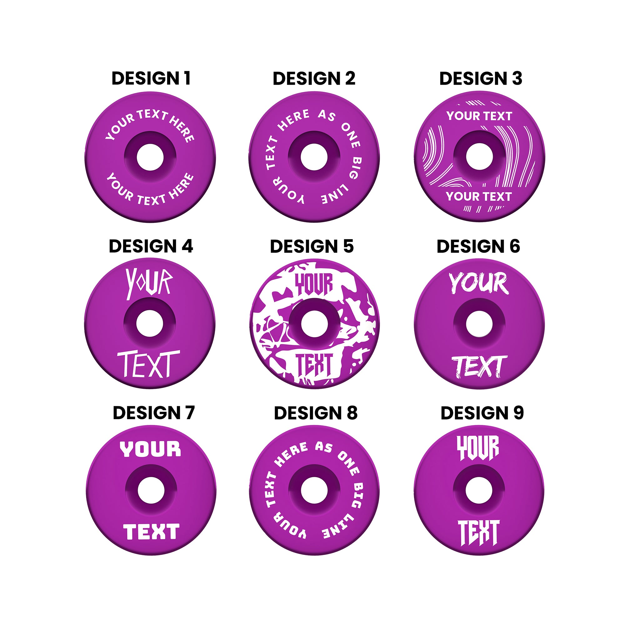 A headset top-cap in shiny anodised purple with multiple different written designs