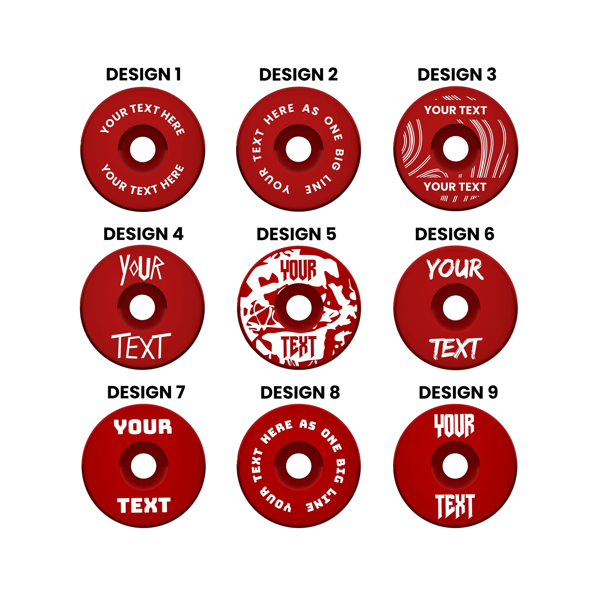 A headset top-cap in shiny anodised red with multiple different written designs