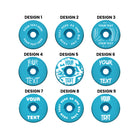 A headset top-cap in shiny anodised turquoise with multiple different written designs