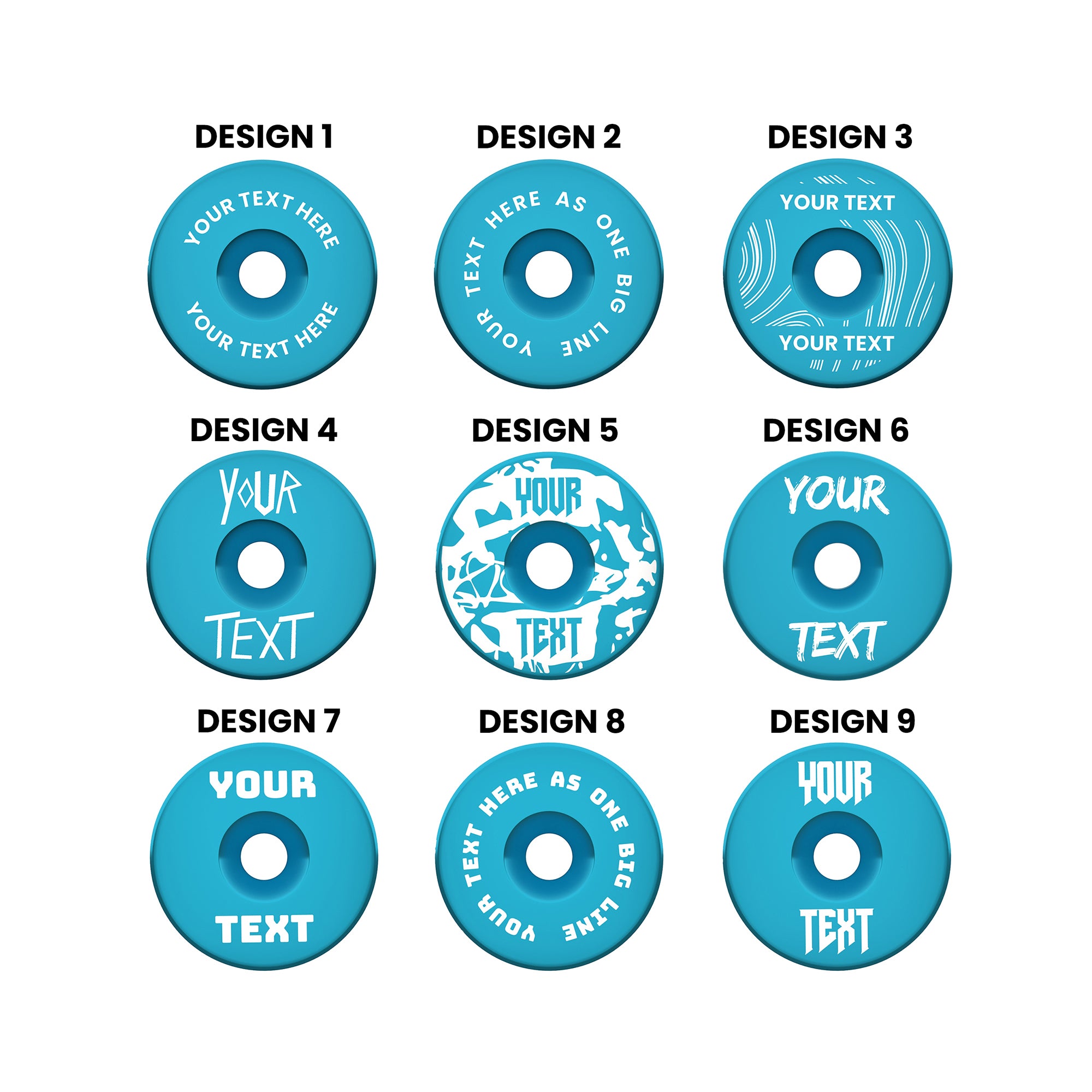 A headset top-cap in shiny anodised turquoise with multiple different written designs