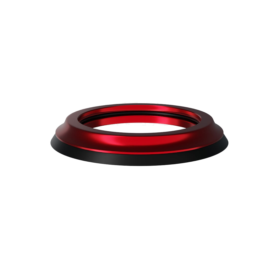 A upper bearing cover in shiny anodised red with a black seal designed to work with all our angle and reach headsets.