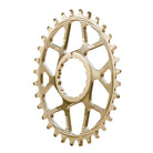 A oval shaped CNC machined bicycle chainring to fit RaceFace Cinch 3mm offset cranks in a shiny anodised copper colour on its side showing the tooth profile.