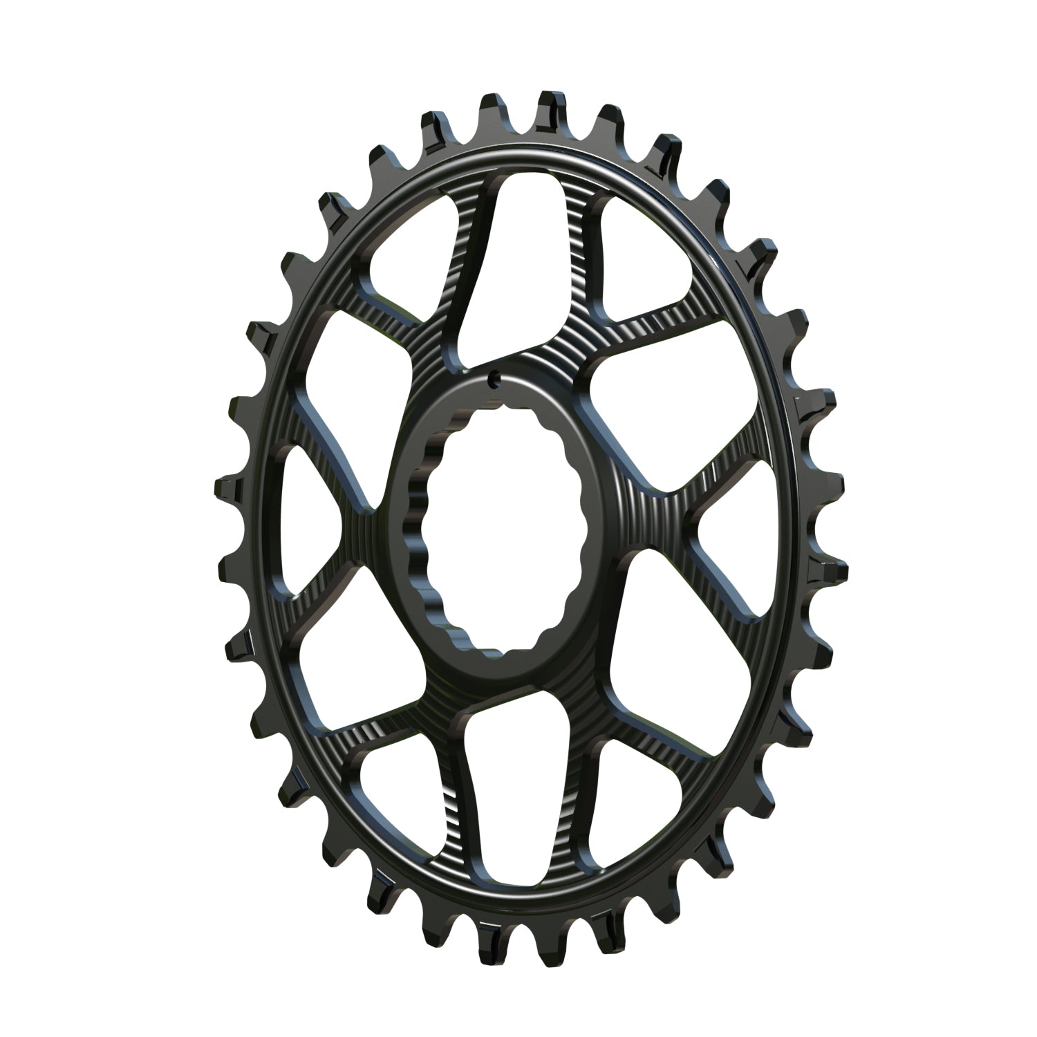 A round shaped CNC machined bicycle chainring to fit RaceFace Cinch 3mm offset cranks in a shiny anodised black colour on its side showing the tooth profile.